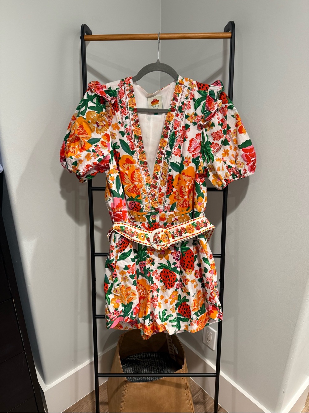 FARM Rio White Multi Floral Puff-Sleeve Romper with Floral Belt